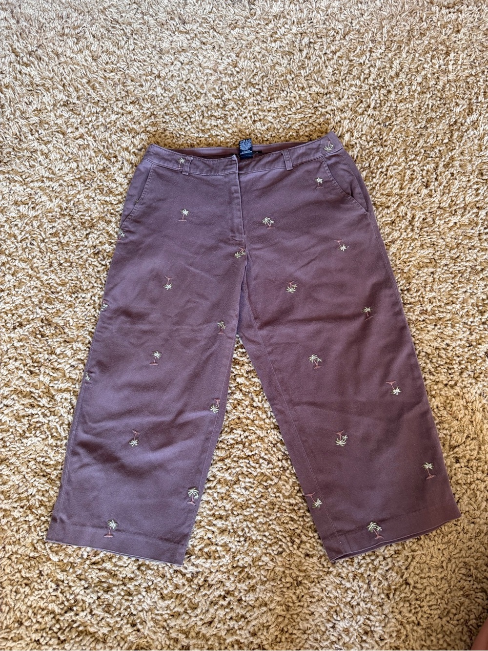 Briggs NY Palm Tree Embroidered Capri Pants Brown Stretch Petite 8P